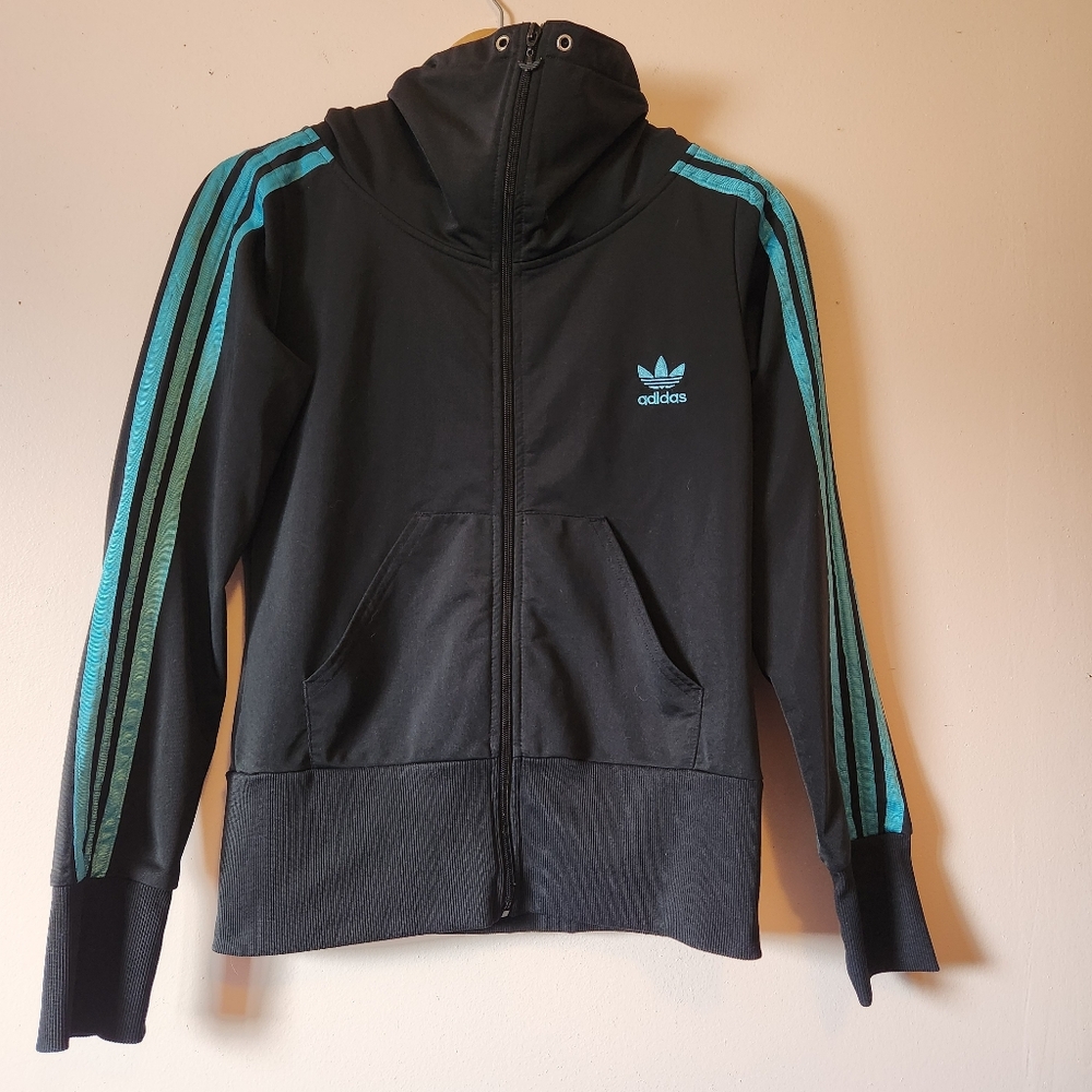 adidas Originals Black Zip-Up Hoodie with Teal Stripes